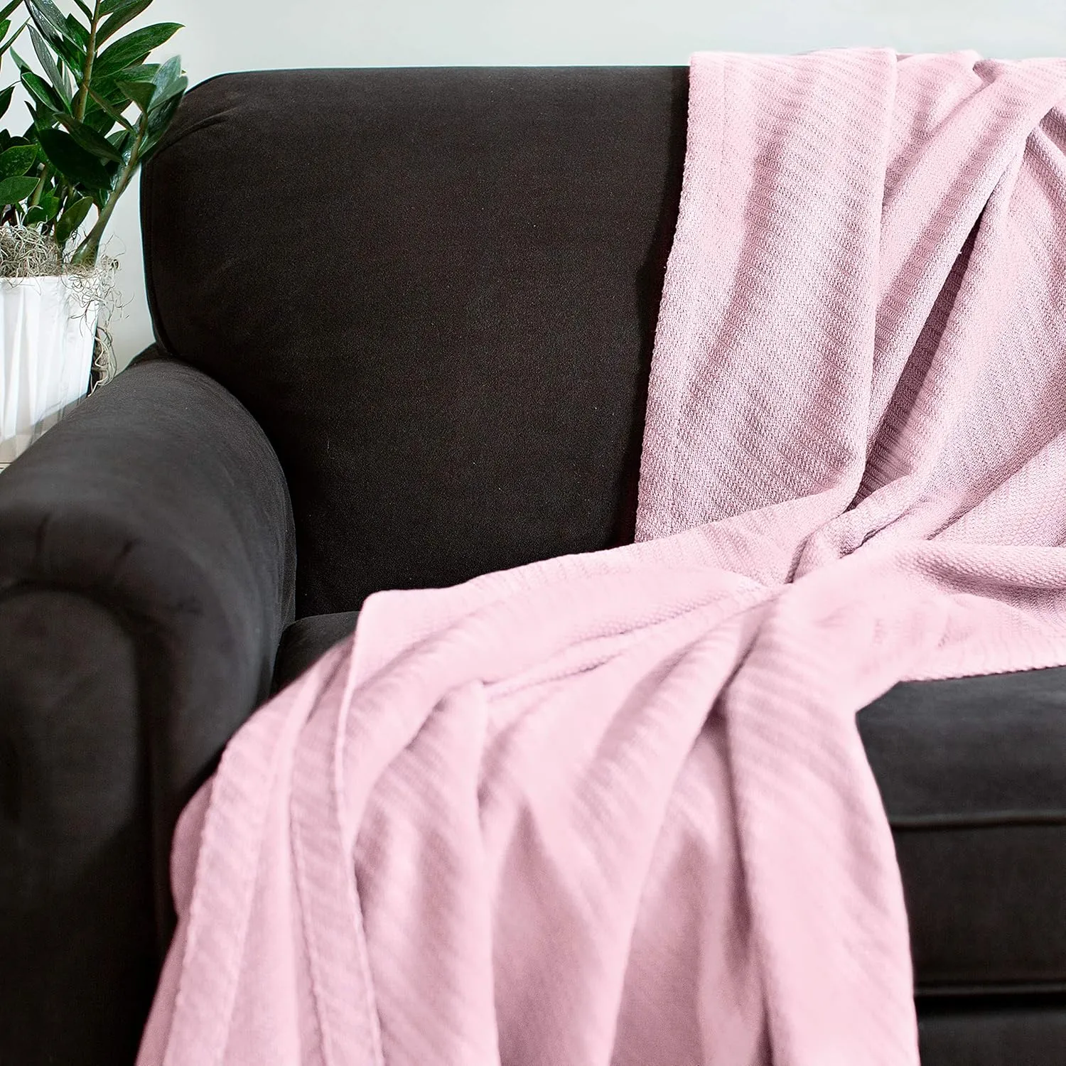COTTON CRAFT Soft Cotton Thermal Blanket - Plush Herringbone Twill - All Season Luxurious Breathable Skin Friendly Lightweight Cooling Throw Blanket - Sofa Couch Travel Camping Dorm - Twin Light Pink