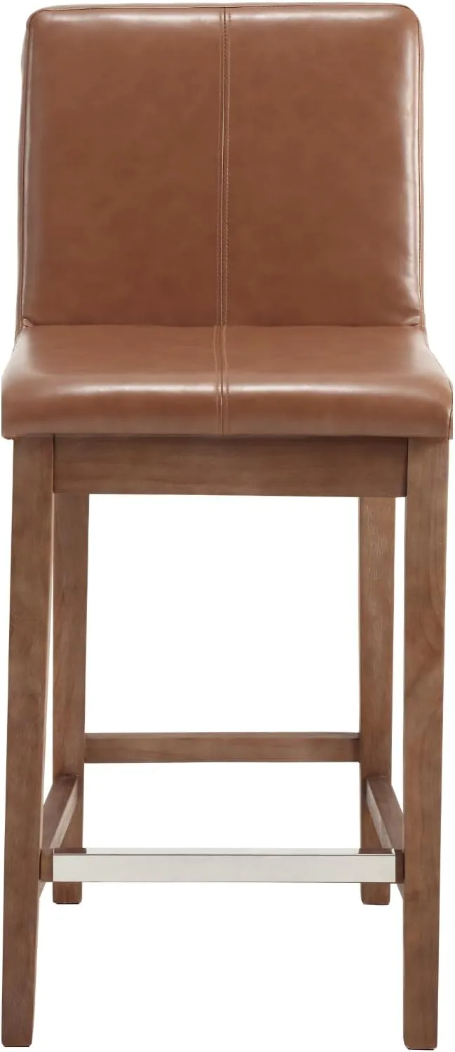 Counter Height Bar Stools Set of 2 Faux Leather Upholstered Kitchen Island Stools with Back and Distressed Wood Legs 26" Midcentury Modern Square Bar Stool for Patio/Cafe, Brown