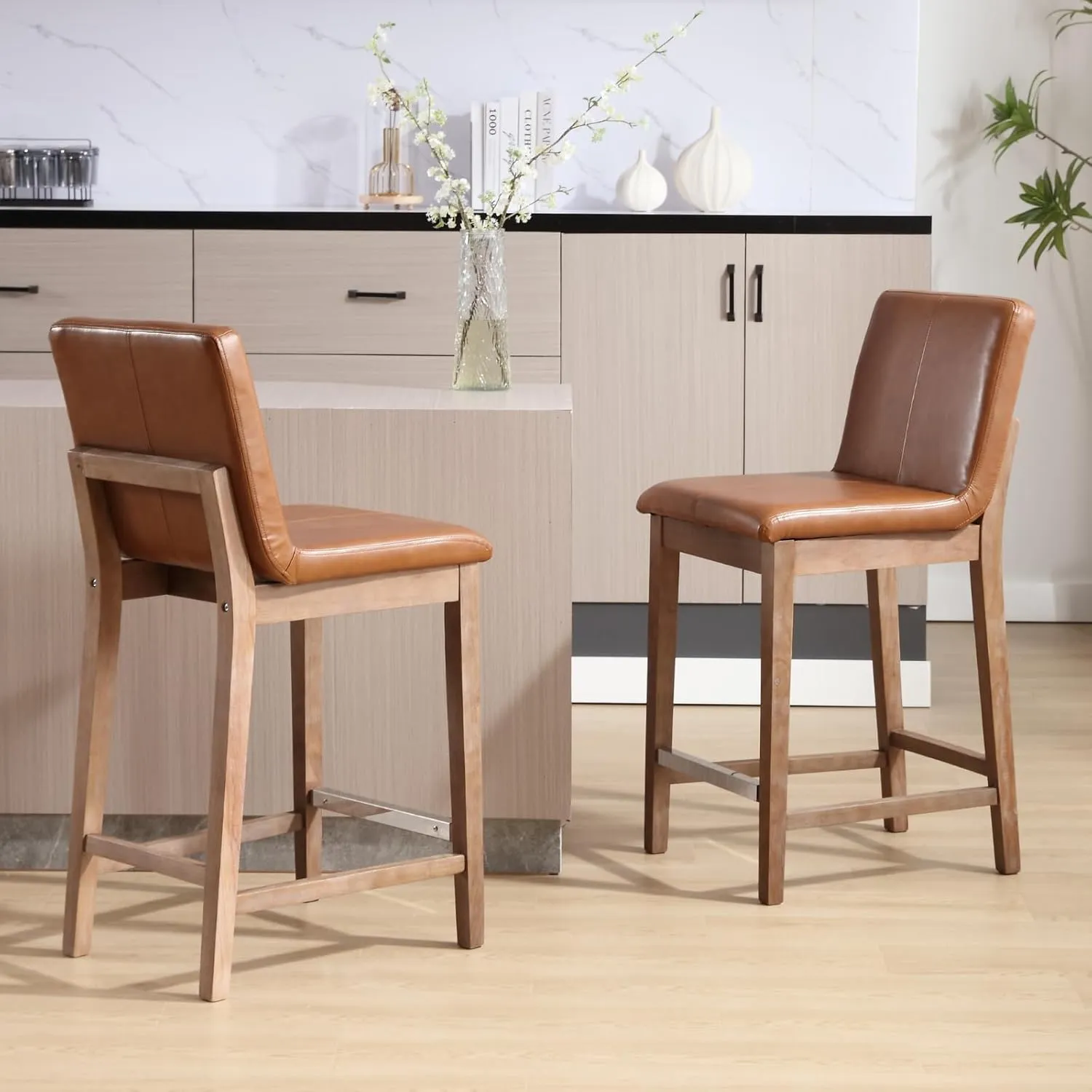 Counter Height Bar Stools Set of 2 Faux Leather Upholstered Kitchen Island Stools with Back and Distressed Wood Legs 26" Midcentury Modern Square Bar Stool for Patio/Cafe, Brown