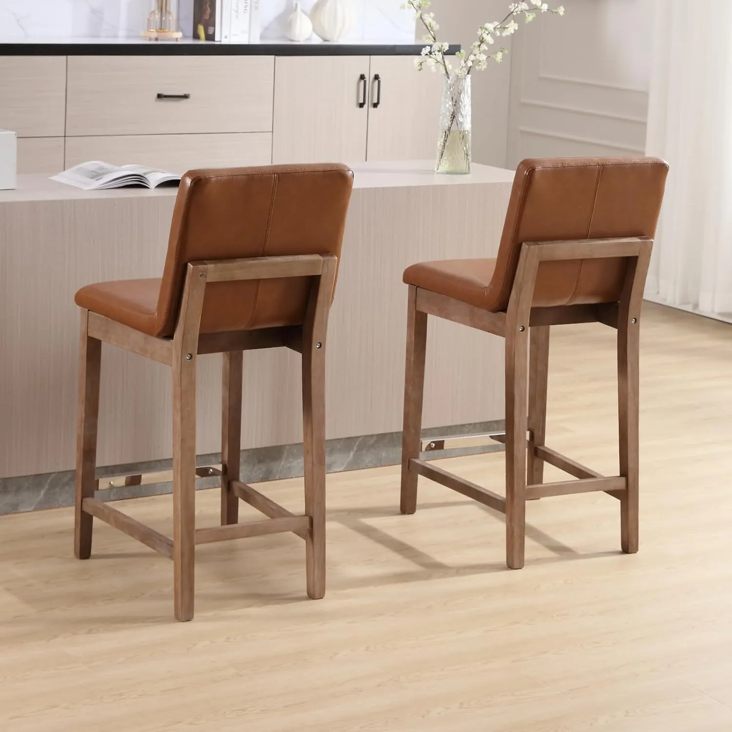 Counter Height Bar Stools Set of 2 Faux Leather Upholstered Kitchen Island Stools with Back and Distressed Wood Legs 26" Midcentury Modern Square Bar Stool for Patio/Cafe, Brown