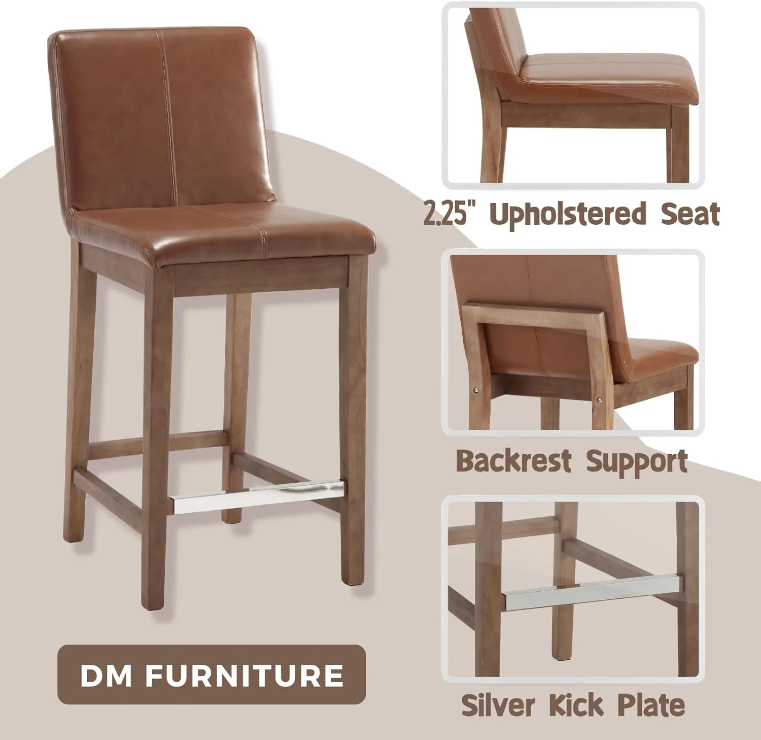 Counter Height Bar Stools Set of 2 Faux Leather Upholstered Kitchen Island Stools with Back and Distressed Wood Legs 26" Midcentury Modern Square Bar Stool for Patio/Cafe, Brown