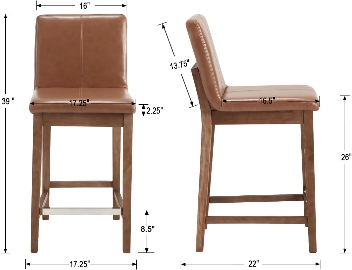 Counter Height Bar Stools Set of 2 Faux Leather Upholstered Kitchen Island Stools with Back and Distressed Wood Legs 26" Midcentury Modern Square Bar Stool for Patio/Cafe, Brown