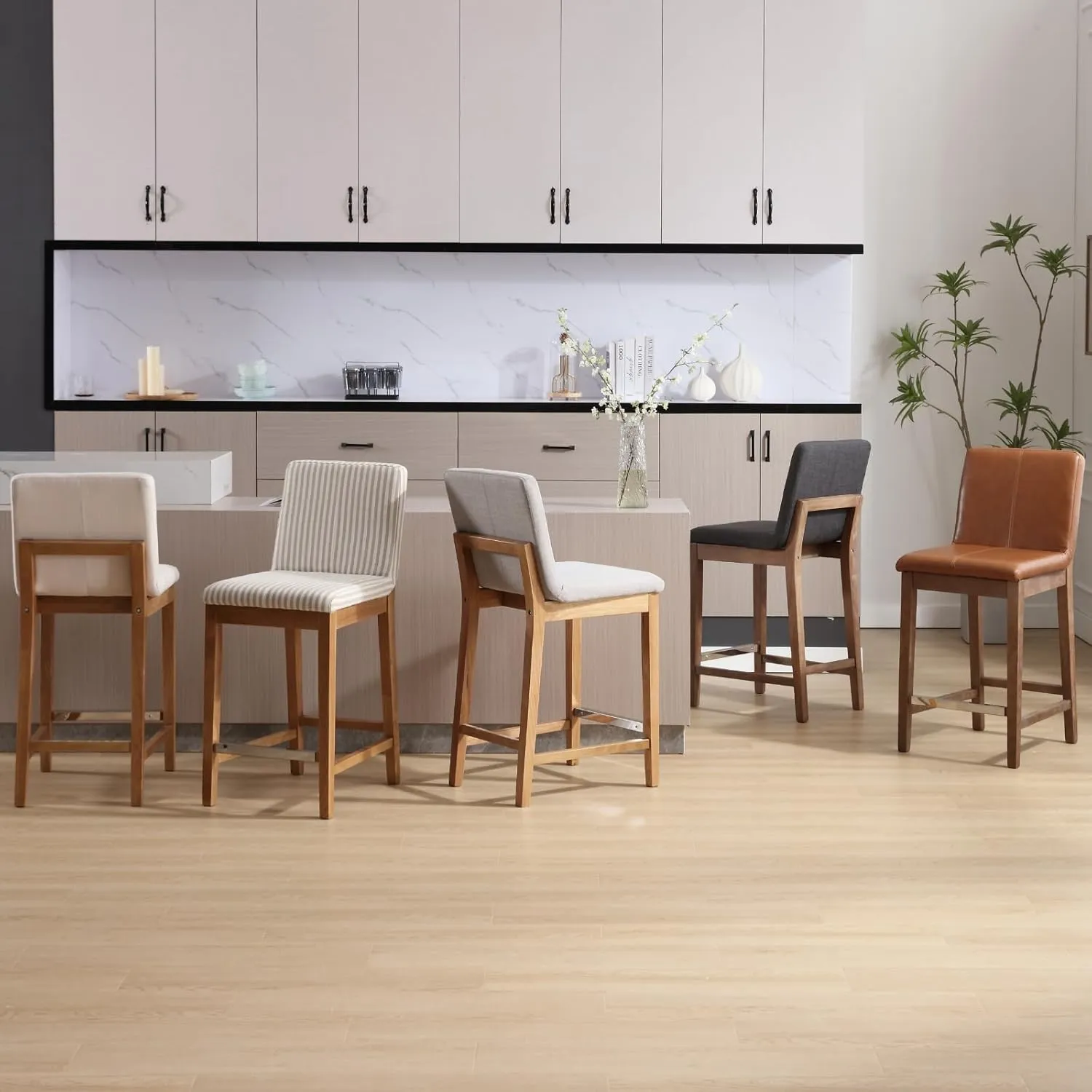 Counter Height Bar Stools Set of 2 Faux Leather Upholstered Kitchen Island Stools with Back and Distressed Wood Legs 26" Midcentury Modern Square Bar Stool for Patio/Cafe, Brown