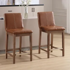 Counter Height Bar Stools Set of 2 Faux Leather Upholstered Kitchen Island Stools with Back and Distressed Wood Legs 26" Midcentury Modern Square Bar Stool for Patio/Cafe, Brown