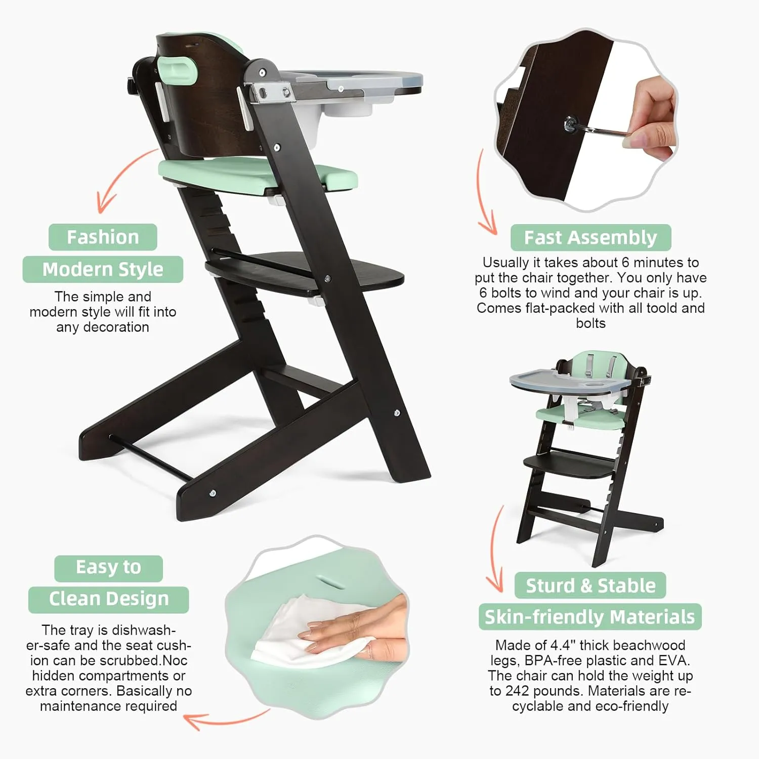 Cowiewie Natural BrownishWooden High Chair for Babies & Toddlers 3-Tier Remove Adjustable Tray and Highchair with Cushions, Easy to Clean, Portable(Green)