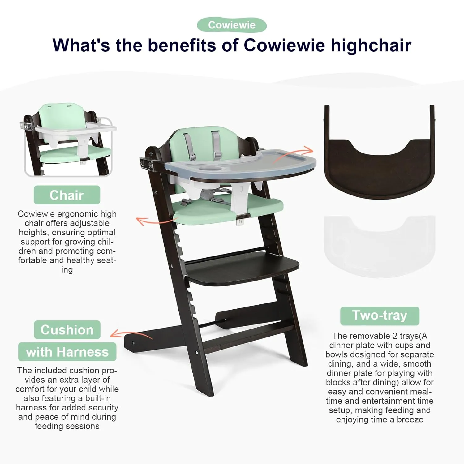 Cowiewie Natural BrownishWooden High Chair for Babies & Toddlers 3-Tier Remove Adjustable Tray and Highchair with Cushions, Easy to Clean, Portable(Green)