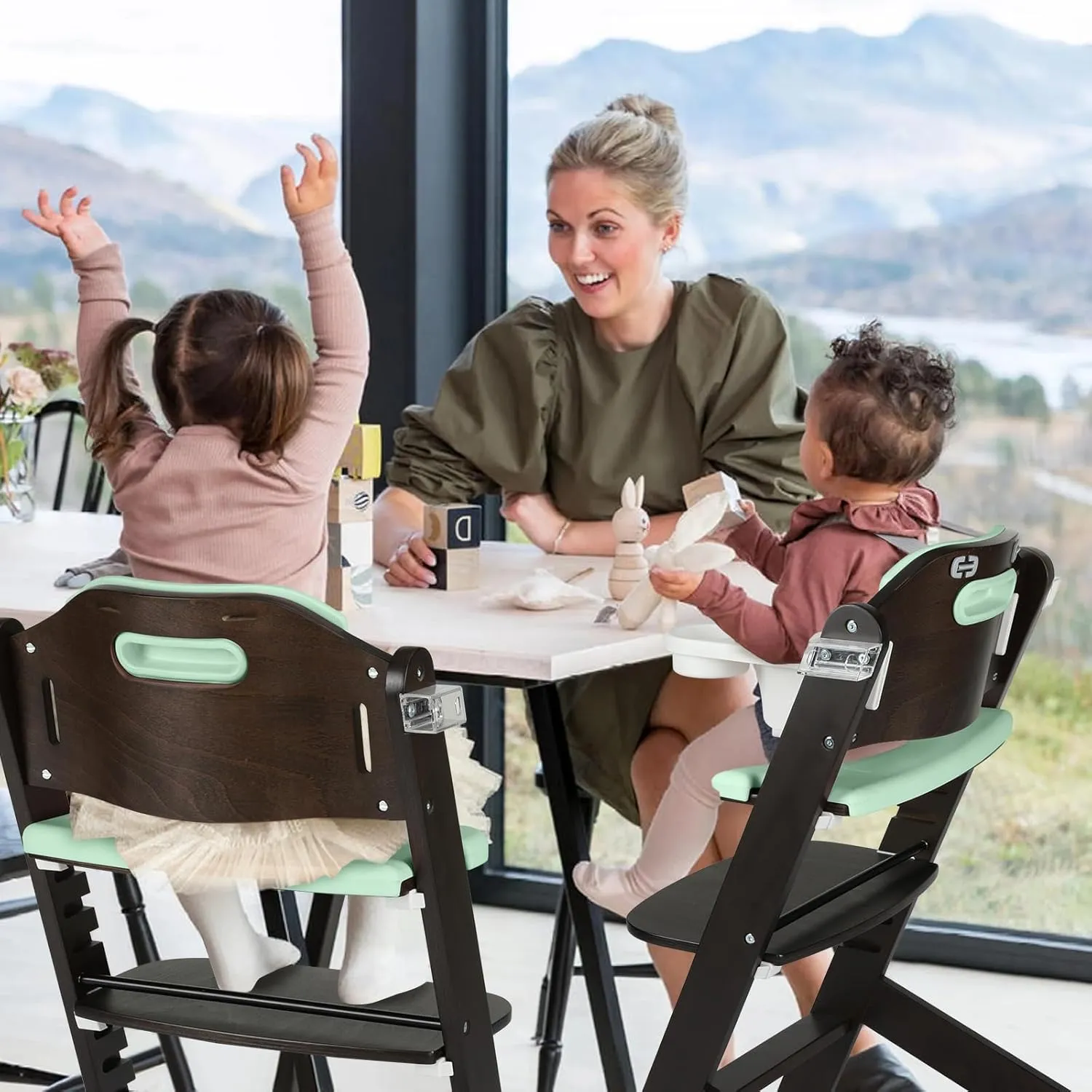 Cowiewie Natural BrownishWooden High Chair for Babies & Toddlers 3-Tier Remove Adjustable Tray and Highchair with Cushions, Easy to Clean, Portable(Green)