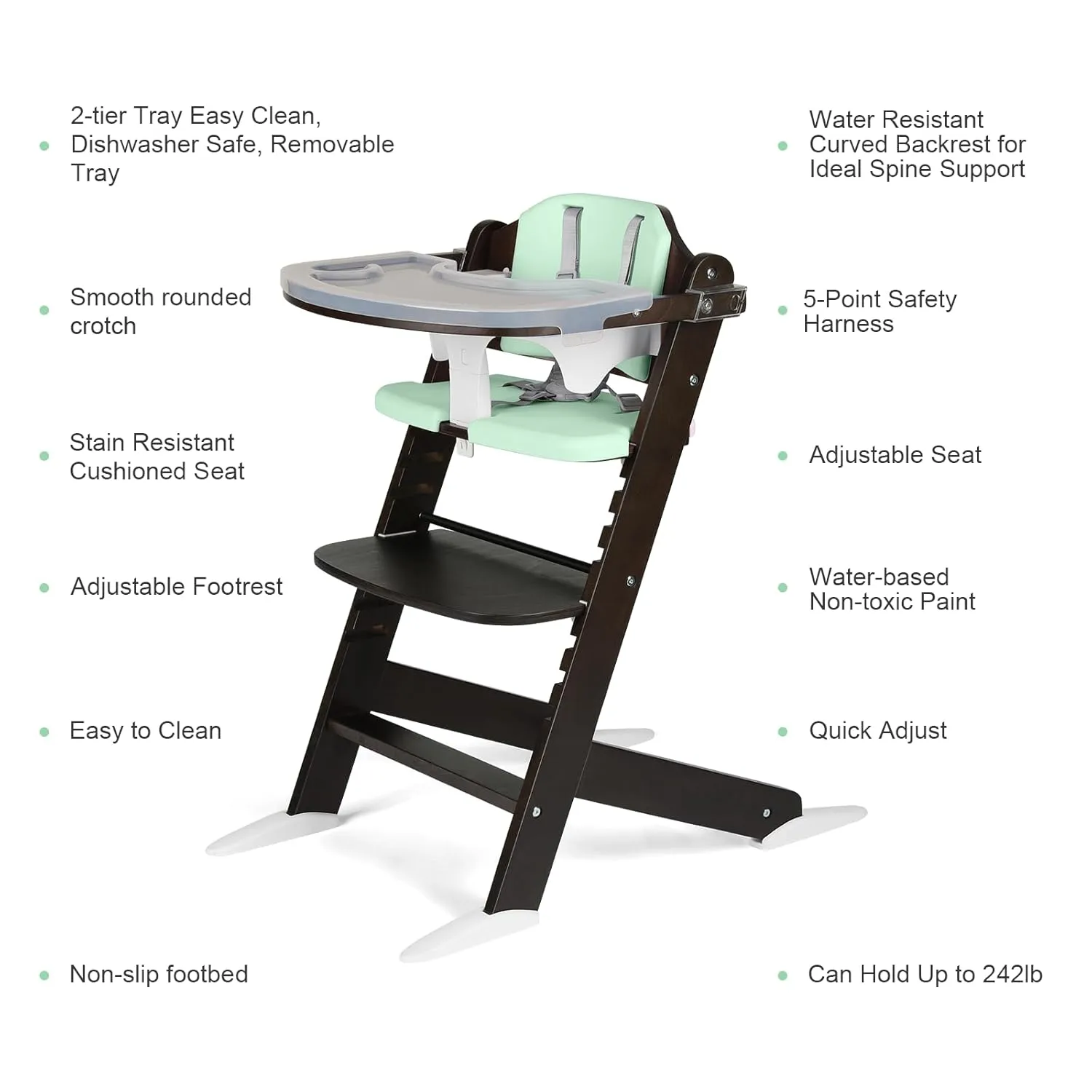 Cowiewie Natural BrownishWooden High Chair for Babies & Toddlers 3-Tier Remove Adjustable Tray and Highchair with Cushions, Easy to Clean, Portable(Green)