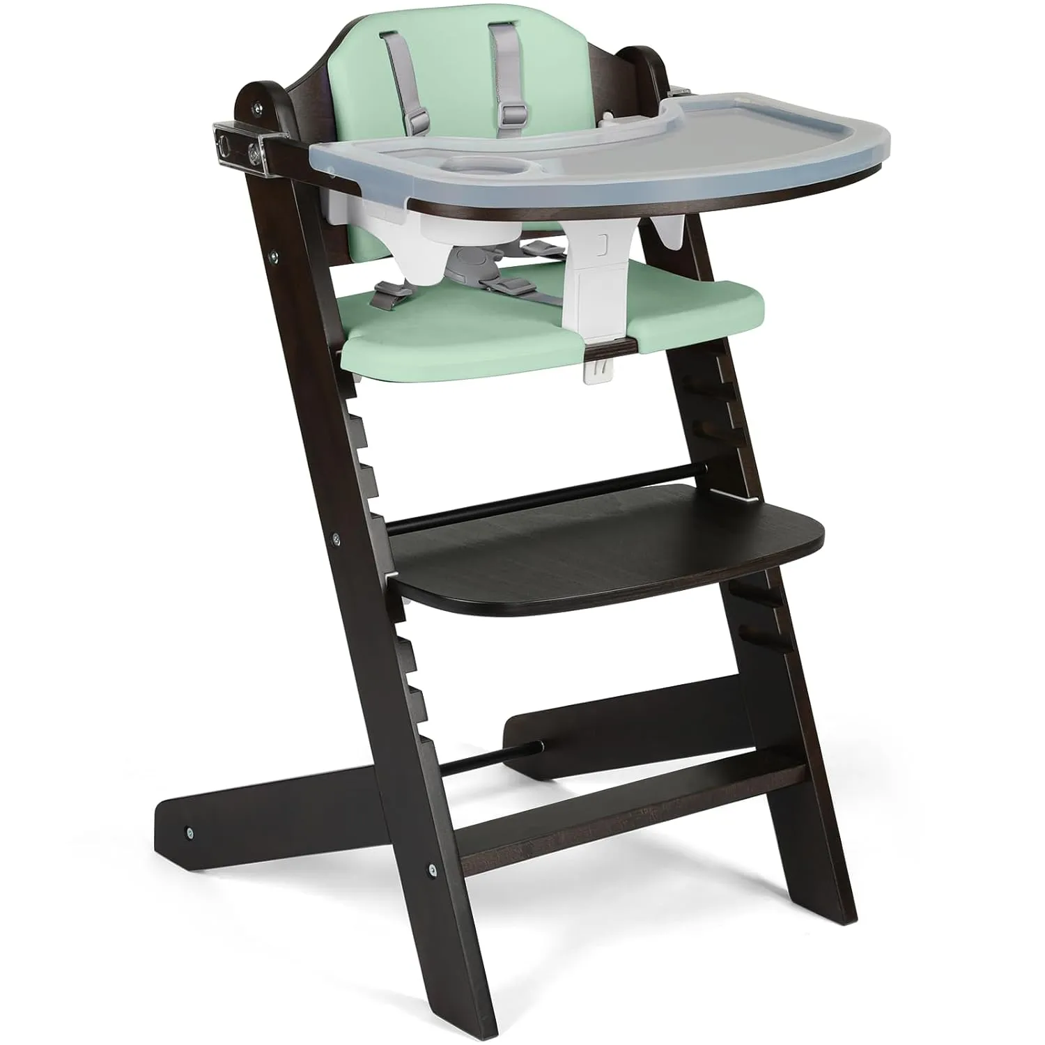 Cowiewie Natural BrownishWooden High Chair for Babies & Toddlers 3-Tier Remove Adjustable Tray and Highchair with Cushions, Easy to Clean, Portable(Green)