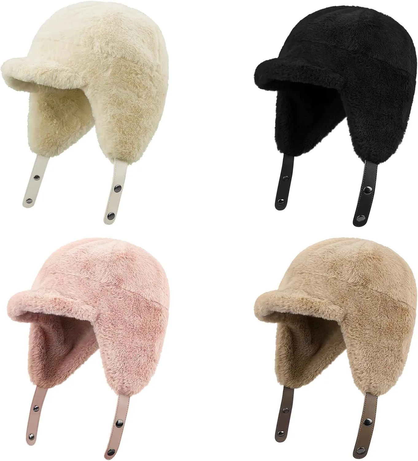 Croogo Fluffy Trapper Hats with Visor Women Winter Ear Flap Ski Cap Faux Fur Russian Ushanka Hat Windproof Eskimo Aviator Hat