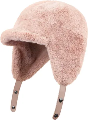 Croogo Fluffy Trapper Hats with Visor Women Winter Ear Flap Ski Cap Faux Fur Russian Ushanka Hat Windproof Eskimo Aviator Hat