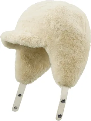Croogo Fluffy Trapper Hats with Visor Women Winter Ear Flap Ski Cap Faux Fur Russian Ushanka Hat Windproof Eskimo Aviator Hat