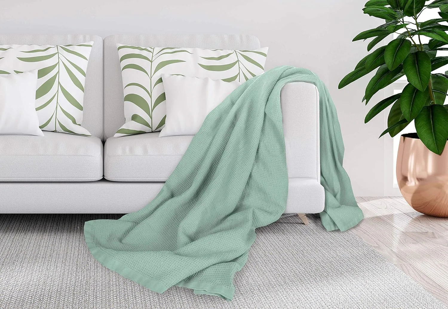 Crover All Season Waffle Premium Thermal Blanket Queen Size 90"x90" Durable Soft Cozy Breathable Weave Design 100% Cotton, Misty Green