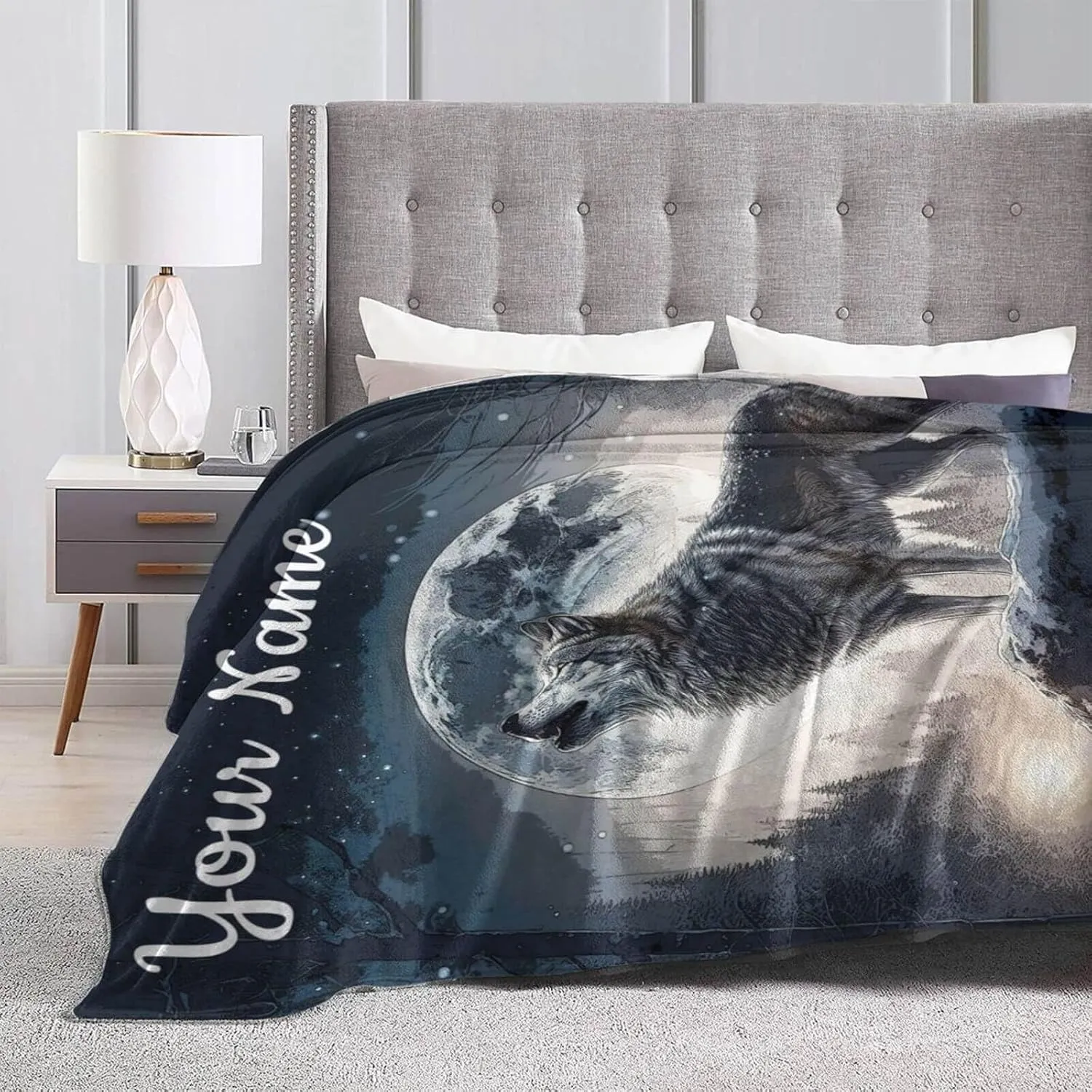 Custom Howling Wolf Blanket with Name for Boys Girls, Personalized Cool Wolf Themed Design Printed Throw Blankets for Kids Lap, Chair Sofa, Giftable Blanket, 40"x 50"