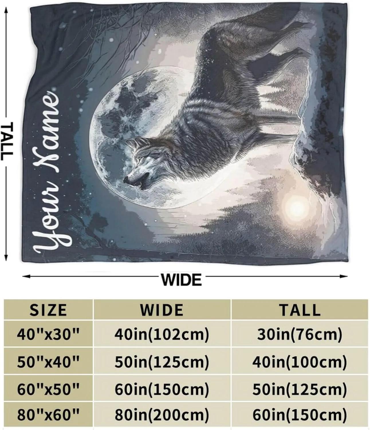 Custom Howling Wolf Blanket with Name for Boys Girls, Personalized Cool Wolf Themed Design Printed Throw Blankets for Kids Lap, Chair Sofa, Giftable Blanket, 40"x 50"
