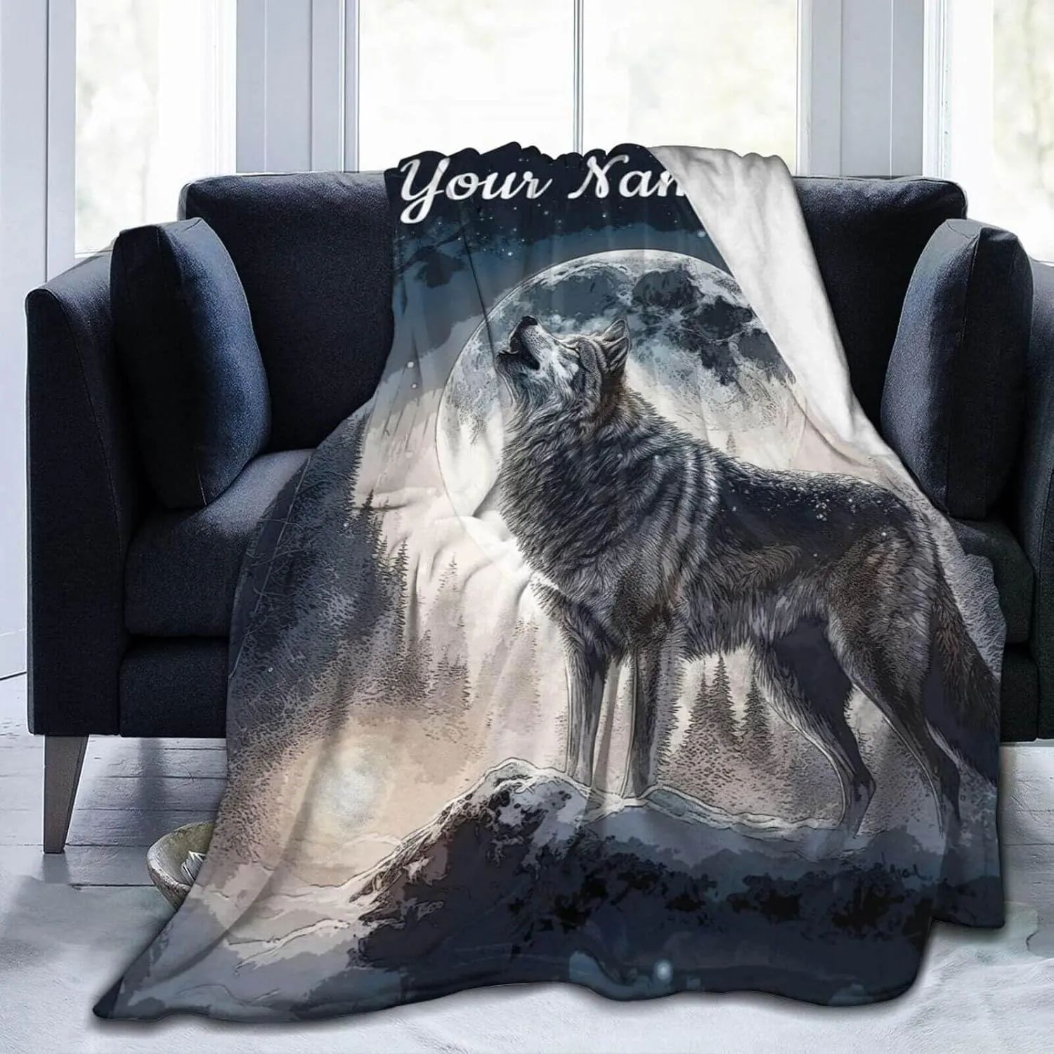 Custom Howling Wolf Blanket with Name for Boys Girls, Personalized Cool Wolf Themed Design Printed Throw Blankets for Kids Lap, Chair Sofa, Giftable Blanket, 40"x 50"