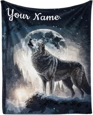 Custom Howling Wolf Blanket with Name for Boys Girls, Personalized Cool Wolf Themed Design Printed Throw Blankets for Kids Lap, Chair Sofa, Giftable Blanket, 40"x 50"