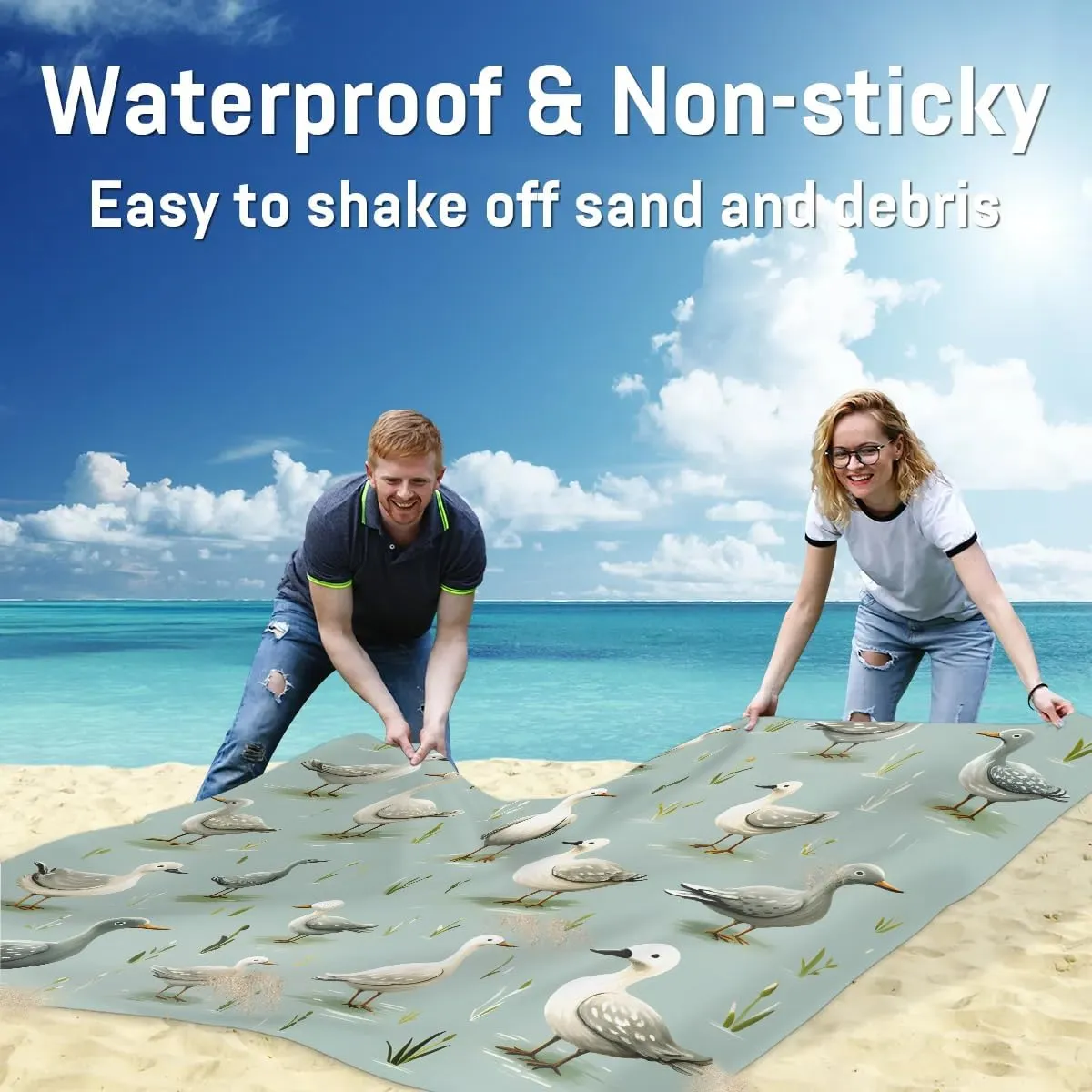Cute Duck Beach Blanket, Sandproof Beach Mat, 68 x 59 Waterproof Quick Drying Sand Free Mat with 4 x Ground Spikes for Outdoor Travel Camping Hiking, Wild Ducks