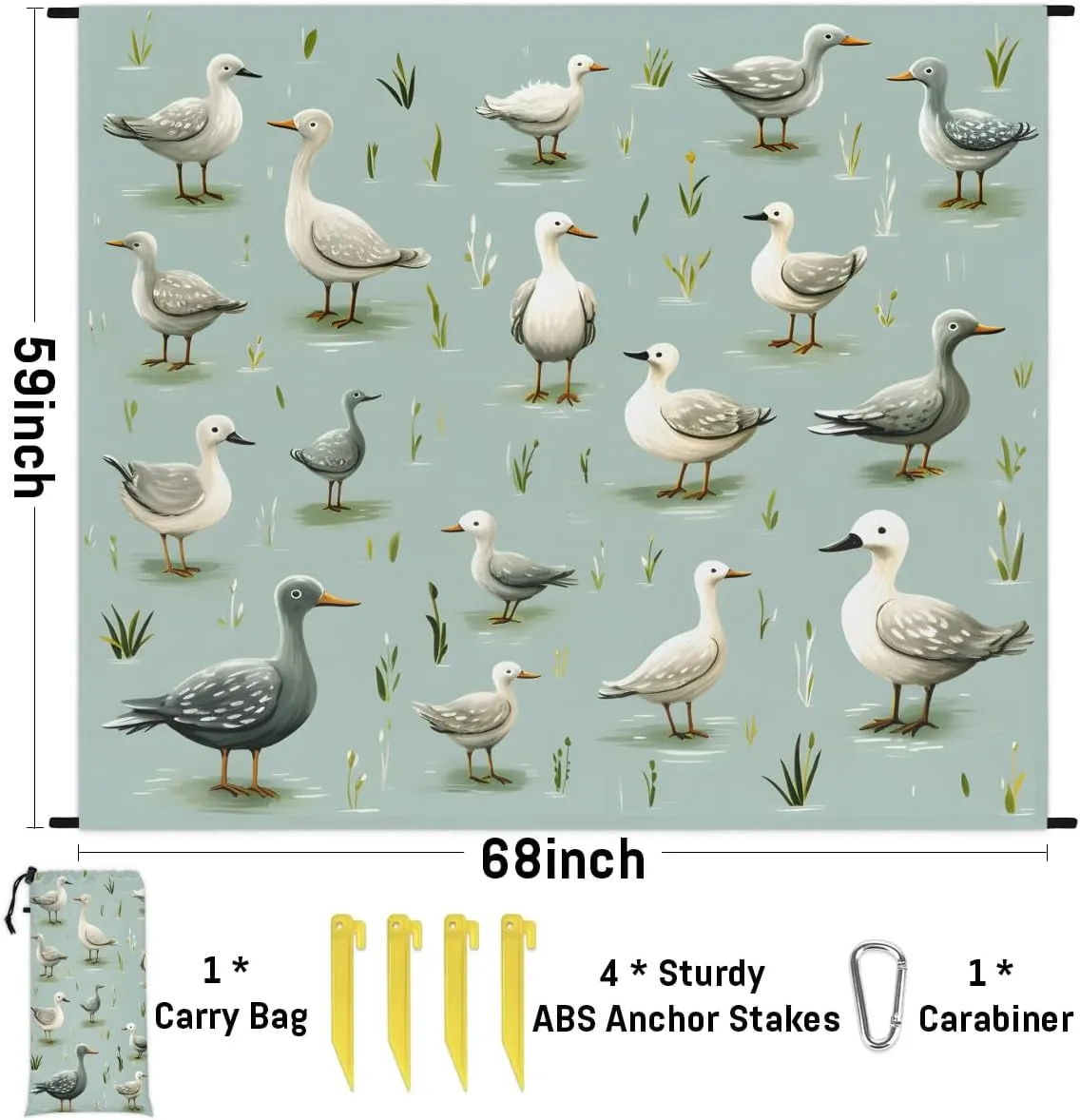 Cute Duck Beach Blanket, Sandproof Beach Mat, 68 x 59 Waterproof Quick Drying Sand Free Mat with 4 x Ground Spikes for Outdoor Travel Camping Hiking, Wild Ducks