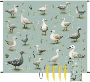 Cute Duck Beach Blanket, Sandproof Beach Mat, 68 x 59 Waterproof Quick Drying Sand Free Mat with 4 x Ground Spikes for Outdoor Travel Camping Hiking, Wild Ducks