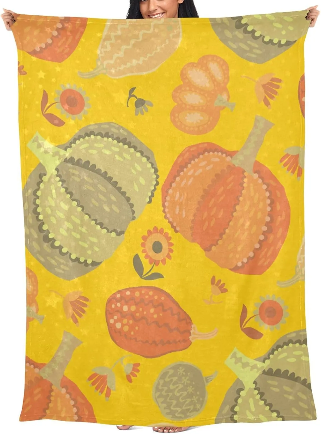 Cute Simple Naive Pumpkin Throw Blanket Travel Blankt Autumn Cartoon Airplane Blanket with Bag Flannel Pillow Blankets Portable Compact Blanket for Traveling Office Home 65x55inch