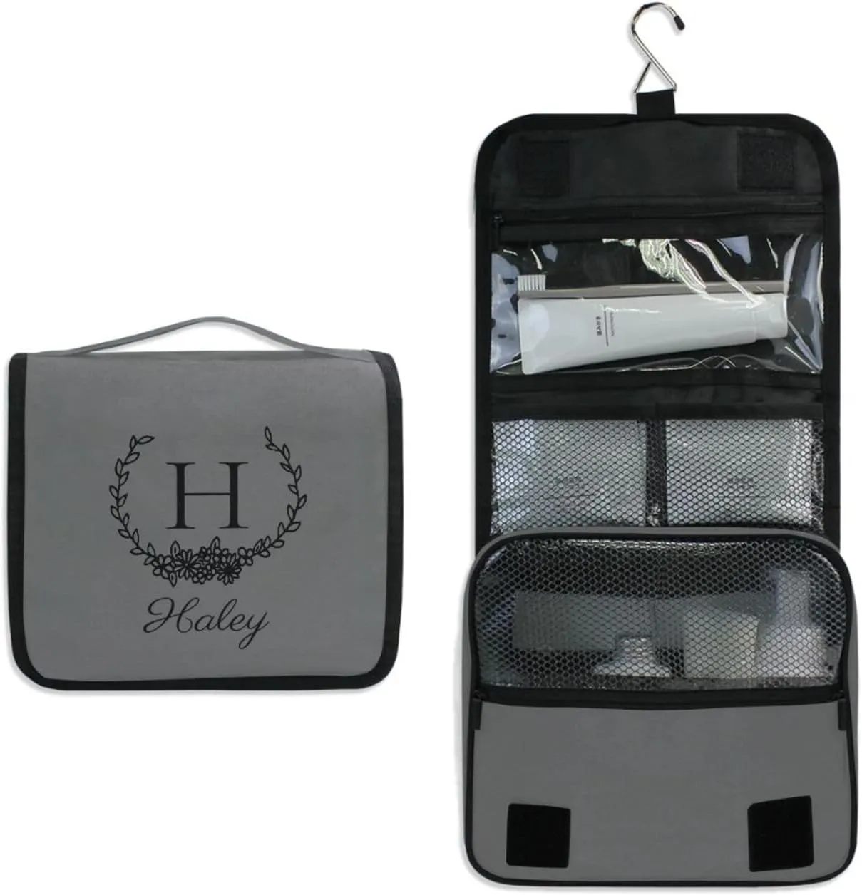 Dark Gray Custom Hanging Toiletry Bag Personalized Initial Name Makeup Cosmetic Bag Travel Toiletry Organizer Large Capacity Cosmetic Case for Brush Toiletries Shaving Storage