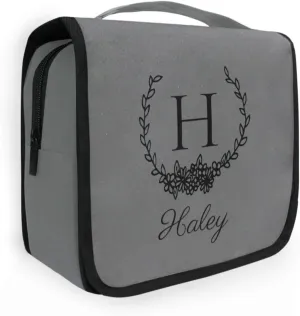 Dark Gray Custom Hanging Toiletry Bag Personalized Initial Name Makeup Cosmetic Bag Travel Toiletry Organizer Large Capacity Cosmetic Case for Brush Toiletries Shaving Storage