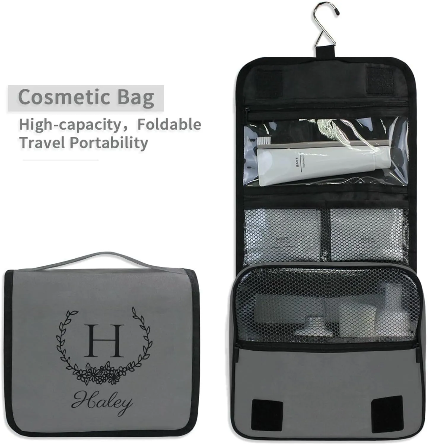 Dark Gray Custom Hanging Toiletry Bag Personalized Initial Name Makeup Cosmetic Bag Travel Toiletry Organizer Large Capacity Cosmetic Case for Brush Toiletries Shaving Storage