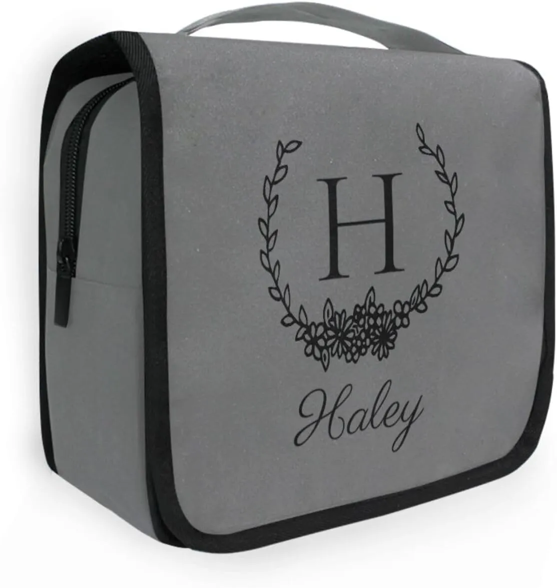 Dark Gray Custom Hanging Toiletry Bag Personalized Initial Name Makeup Cosmetic Bag Travel Toiletry Organizer Large Capacity Cosmetic Case for Brush Toiletries Shaving Storage