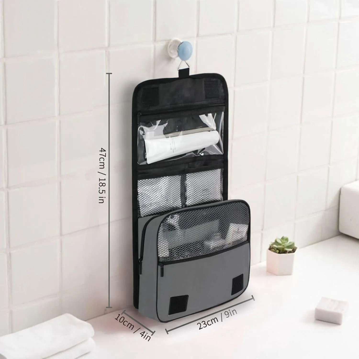 Dark Gray Custom Hanging Toiletry Bag Personalized Initial Name Makeup Cosmetic Bag Travel Toiletry Organizer Large Capacity Cosmetic Case for Brush Toiletries Shaving Storage