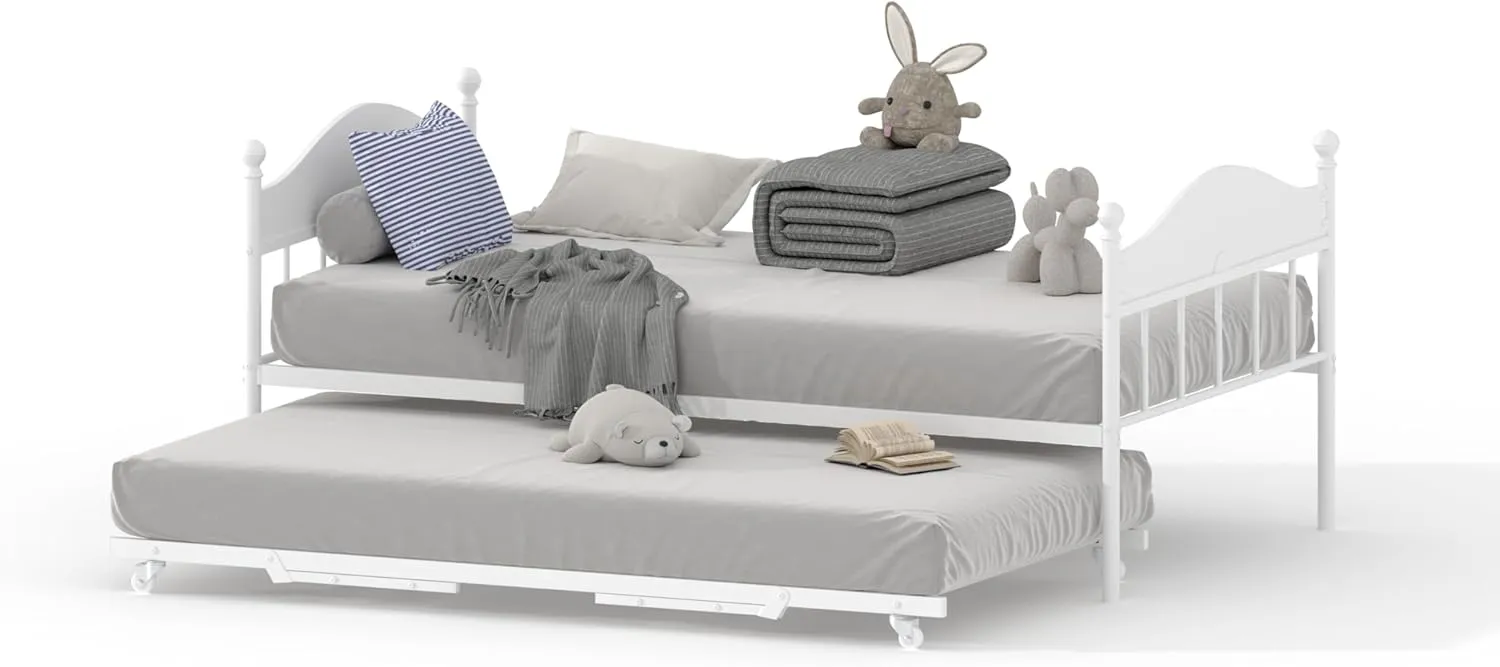 Daybed With Trundle, Metal Twin Size Day Bed With Stylish Headboard, Sofa Bed Frame With Pop Up Foldable Trundle Bed, Heavy Duty Steel Slats Platform for Living Room, Bedroom and Guest Room, White