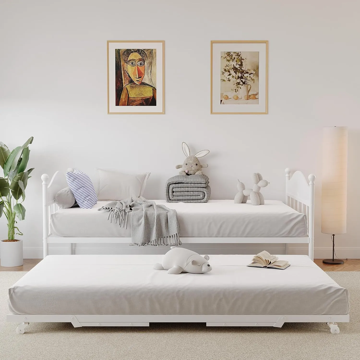 Daybed With Trundle, Metal Twin Size Day Bed With Stylish Headboard, Sofa Bed Frame With Pop Up Foldable Trundle Bed, Heavy Duty Steel Slats Platform for Living Room, Bedroom and Guest Room, White