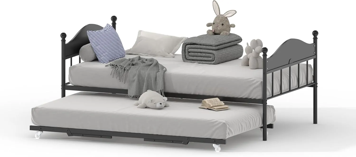Daybed With Trundle, Metal Twin Size Day Bed With Stylish Headboard, Sofa BedFrame With Pop Up Foldable Trundle Bed, Heavy Duty Steel Slats Platform for Living Room, Bedroom and Guest Room, Black