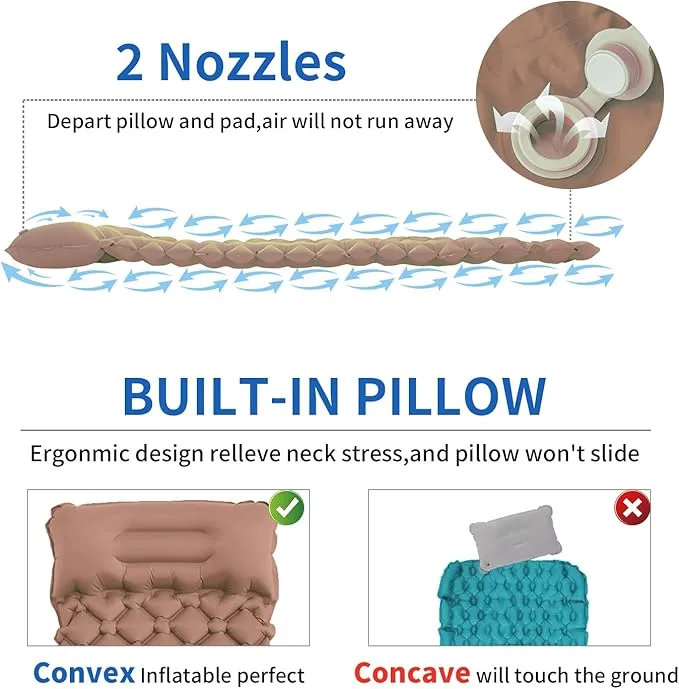DDD Ultra-Light Inflatable Camping Sleeping Pad with its Built-in Foot Pump and Pillow - The Ultimate Camping pad, Hiking pad, Backpacking Pad and Lightweight for a Outdoor Sleep——Brown
