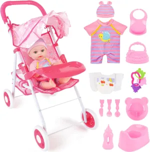 deAO Baby Doll Stroller 12" Baby Doll Set with Foldable Doll Stroller 15 PCS Baby Doll Accessories for Toddlers 3-5 Christmas Birthday Gifts