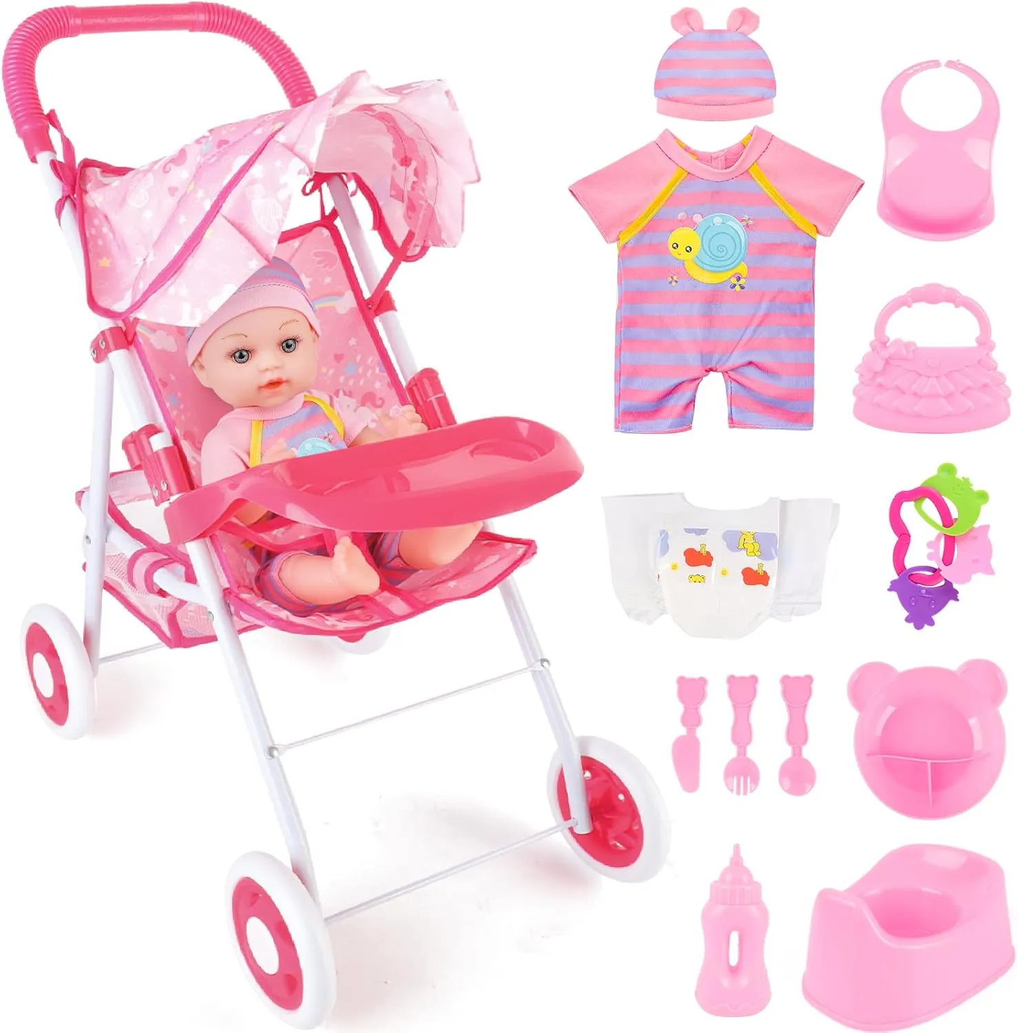 deAO Baby Doll Stroller 12" Baby Doll Set with Foldable Doll Stroller 15 PCS Baby Doll Accessories for Toddlers 3-5 Christmas Birthday Gifts