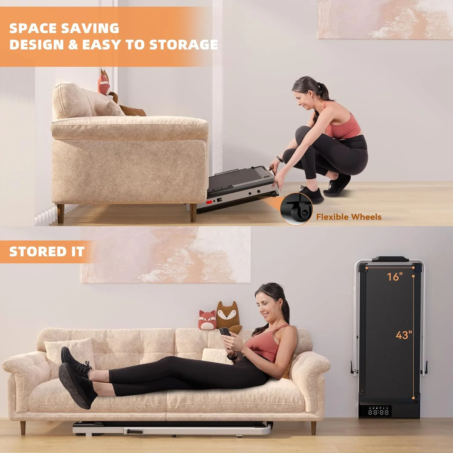 DeerRun 3 in 1 Walking Pad Treadmill, 300 Weight Capacity Foldable Treadmill, 3.0HP Low Noise Under Desk Treadmills for Home Office with Remote & APP