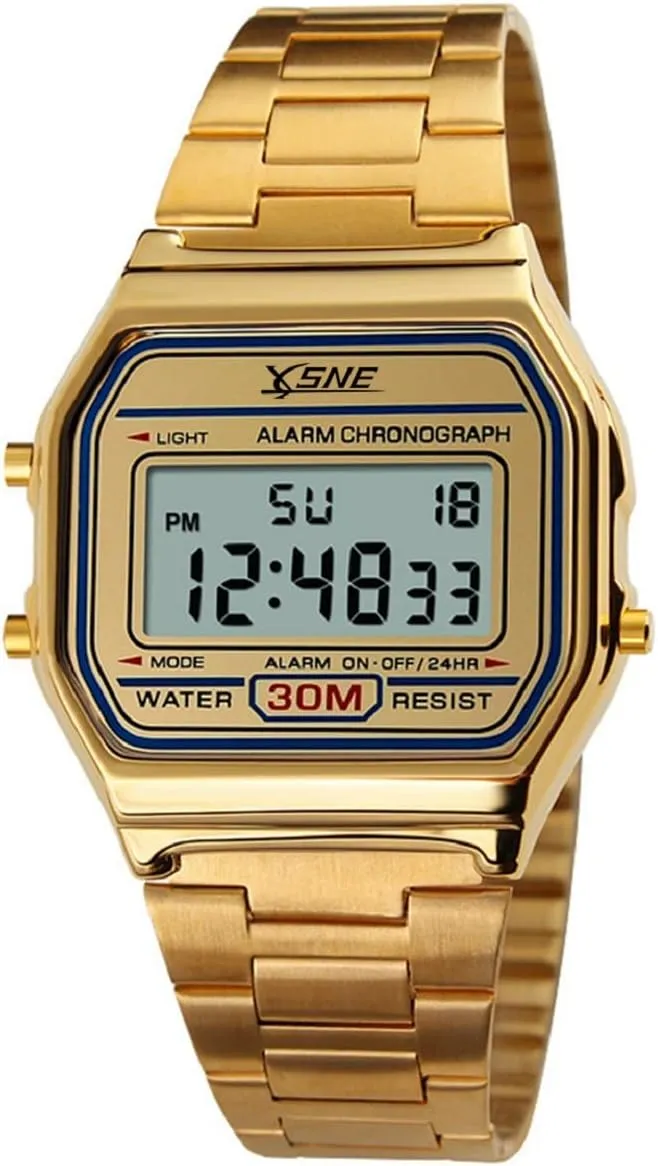 Digital Sports Watch Men's Women Water Resistant Outdoor Stainless Steel Band Electronic Square LED Back Light Classic Wristwatch Gold 1123