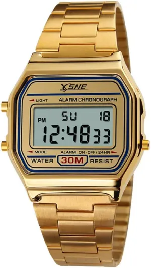 Digital Sports Watch Men's Women Water Resistant Outdoor Stainless Steel Band Electronic Square LED Back Light Classic Wristwatch Gold 1123