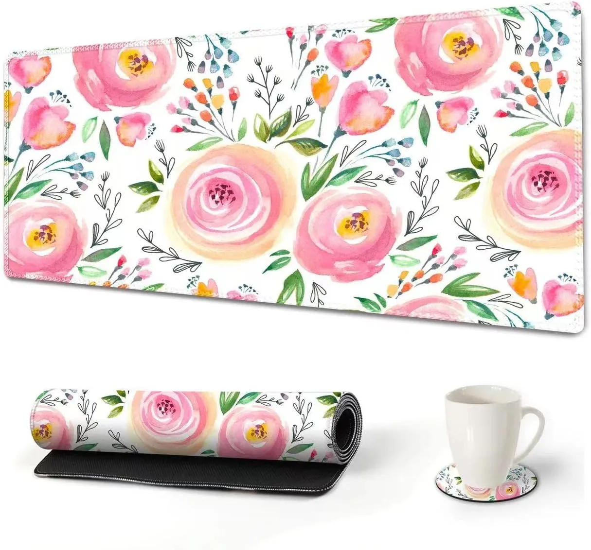 DINKY Large Gaming Mouse Pad, Stable Non-Slip Rubber Base Mousepads, XXL Mouse Mat with Stitched Edge, Keyboard Mouse Mat Desk Pad for Office, Game (Pink Rose)