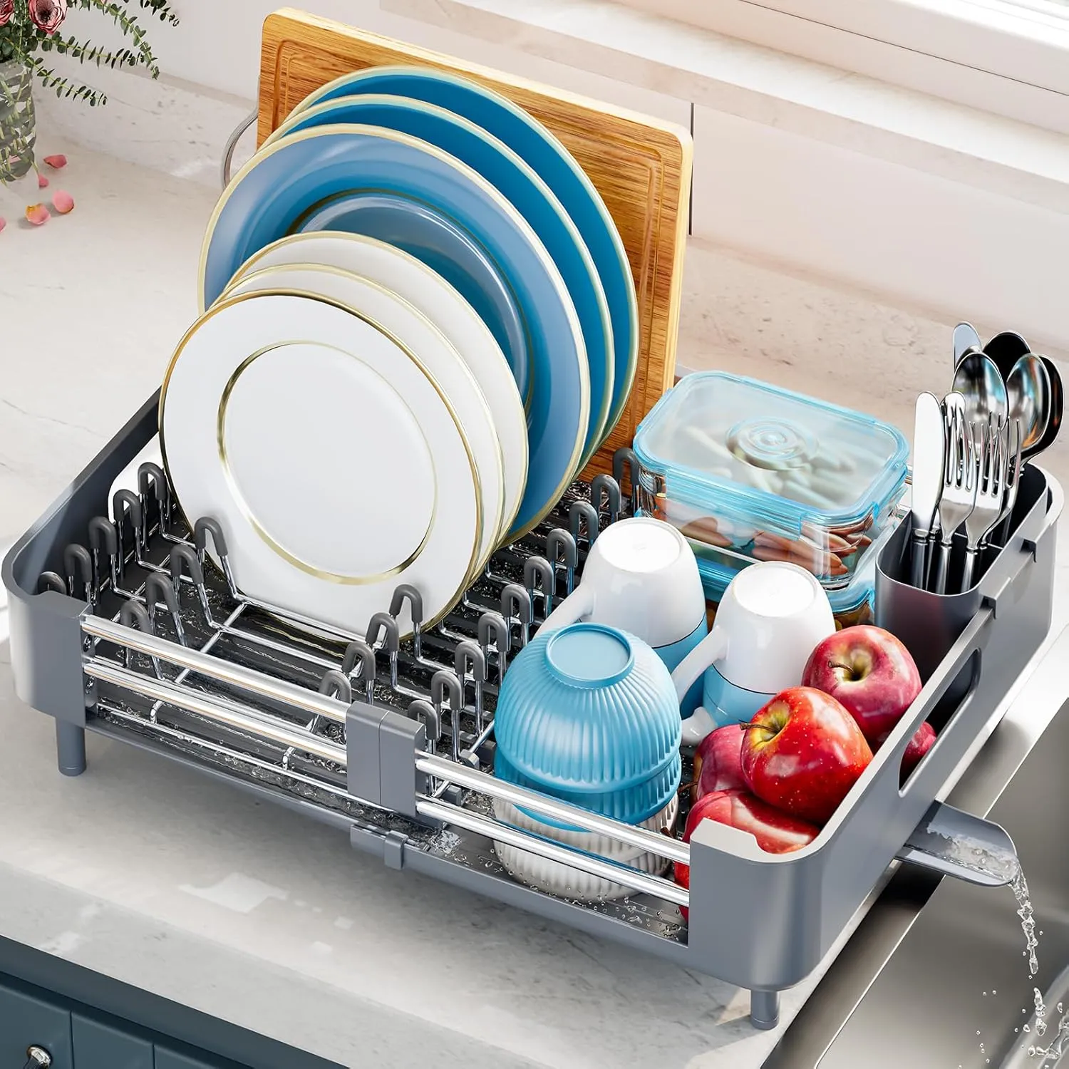 Dish Drying Rack for Kitchen Counter, Extendable Dish Rack with Drainboard, Collapsible dish drainer, Expandable Dish Strainer with Cutlery Holder, Foldable Home Countertop Plate Storage Rack, Gray