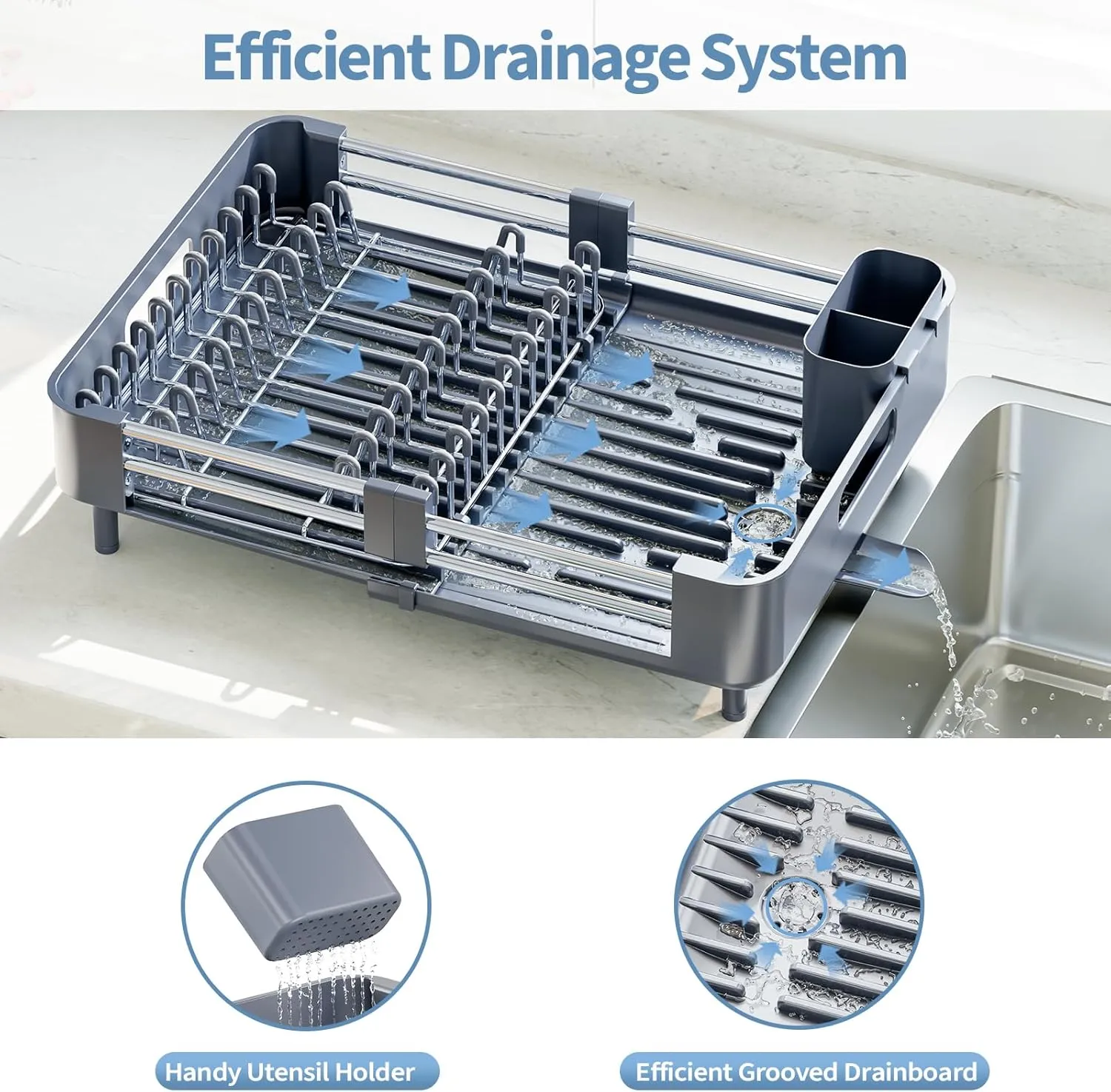 Dish Drying Rack for Kitchen Counter, Extendable Dish Rack with Drainboard, Collapsible dish drainer, Expandable Dish Strainer with Cutlery Holder, Foldable Home Countertop Plate Storage Rack, Gray