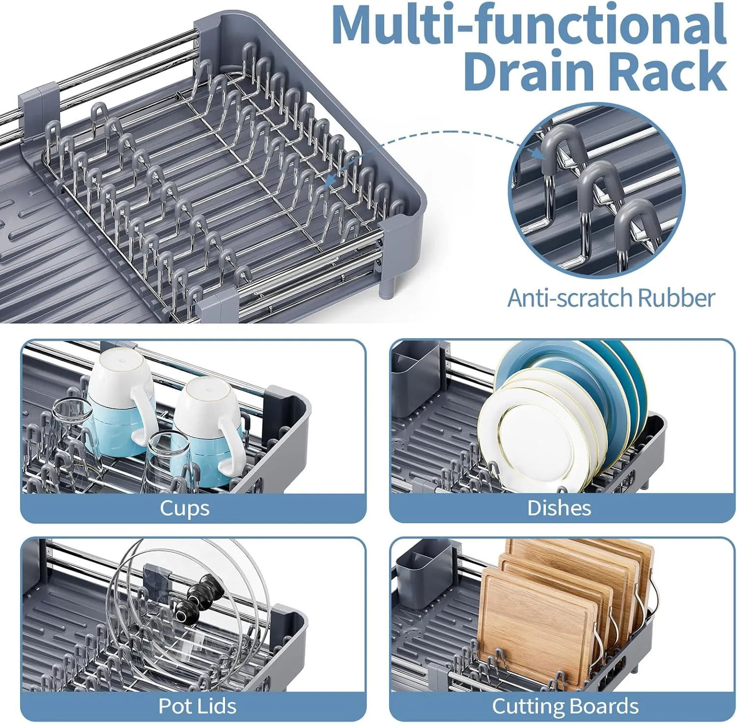 Dish Drying Rack for Kitchen Counter, Extendable Dish Rack with Drainboard, Collapsible dish drainer, Expandable Dish Strainer with Cutlery Holder, Foldable Home Countertop Plate Storage Rack, Gray
