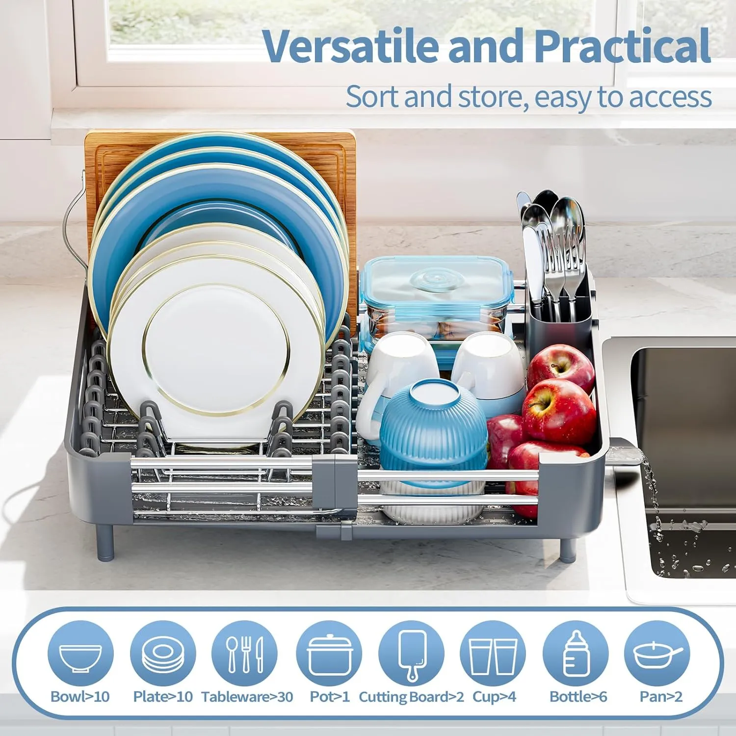 Dish Drying Rack for Kitchen Counter, Extendable Dish Rack with Drainboard, Collapsible dish drainer, Expandable Dish Strainer with Cutlery Holder, Foldable Home Countertop Plate Storage Rack, Gray