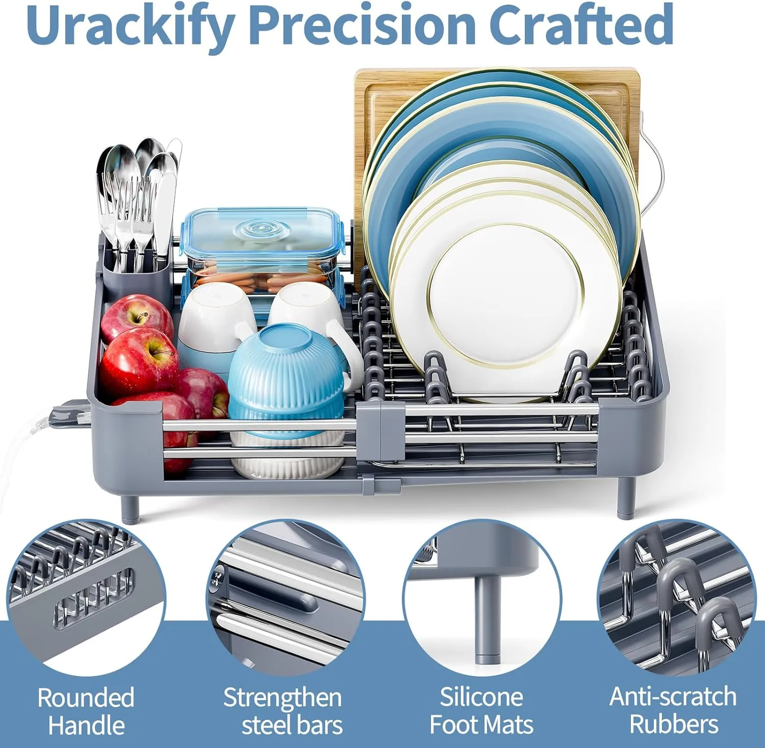 Dish Drying Rack for Kitchen Counter, Extendable Dish Rack with Drainboard, Collapsible dish drainer, Expandable Dish Strainer with Cutlery Holder, Foldable Home Countertop Plate Storage Rack, Gray