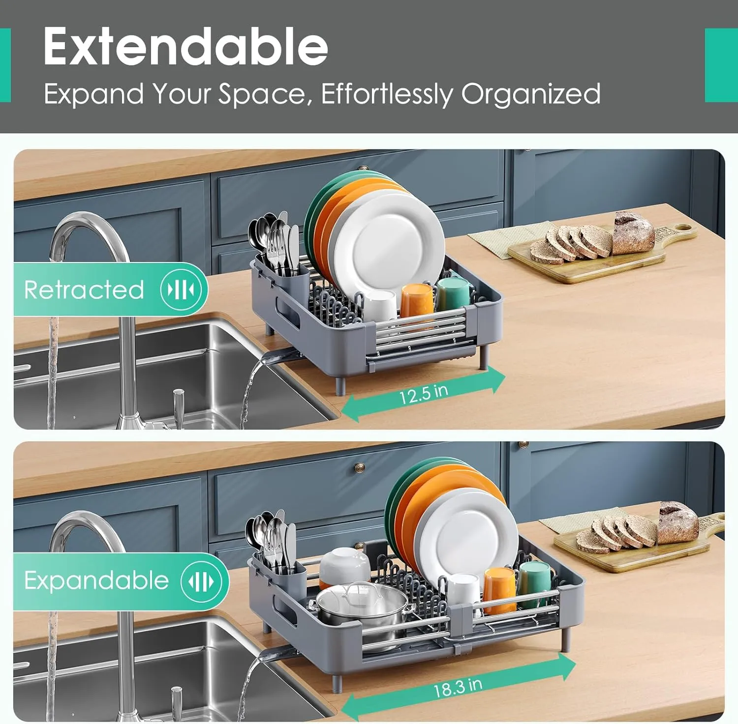Dish Drying Rack for Kitchen Counter, Extendable Dish Rack with Drainboard, Expandable Dish Drainer, Collapsible Dish Strainer with Cutlery Holder, Foldable Home Countertop Plate Storage Rack, Gray
