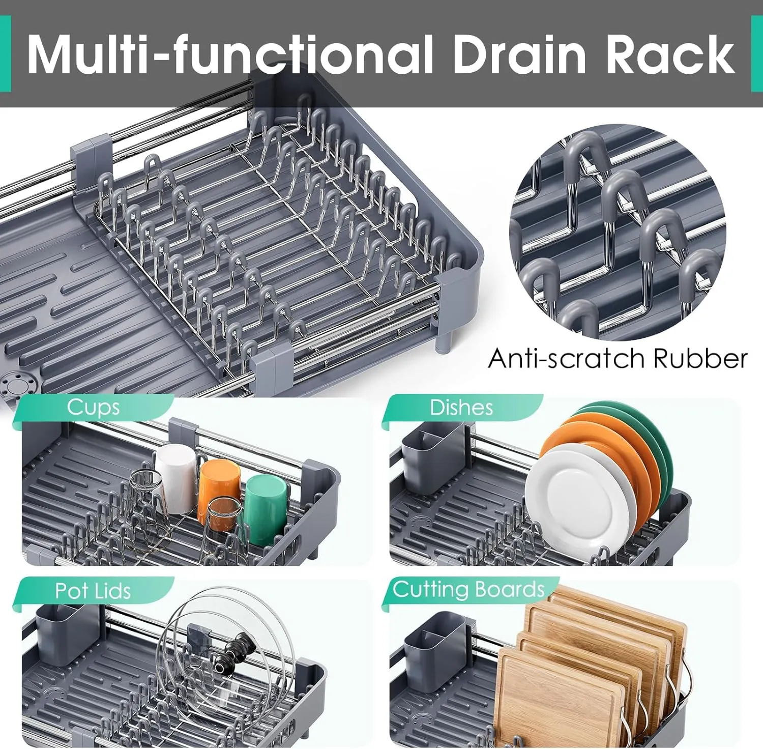 Dish Drying Rack for Kitchen Counter, Extendable Dish Rack with Drainboard, Expandable Dish Drainer, Collapsible Dish Strainer with Cutlery Holder, Foldable Home Countertop Plate Storage Rack, Gray