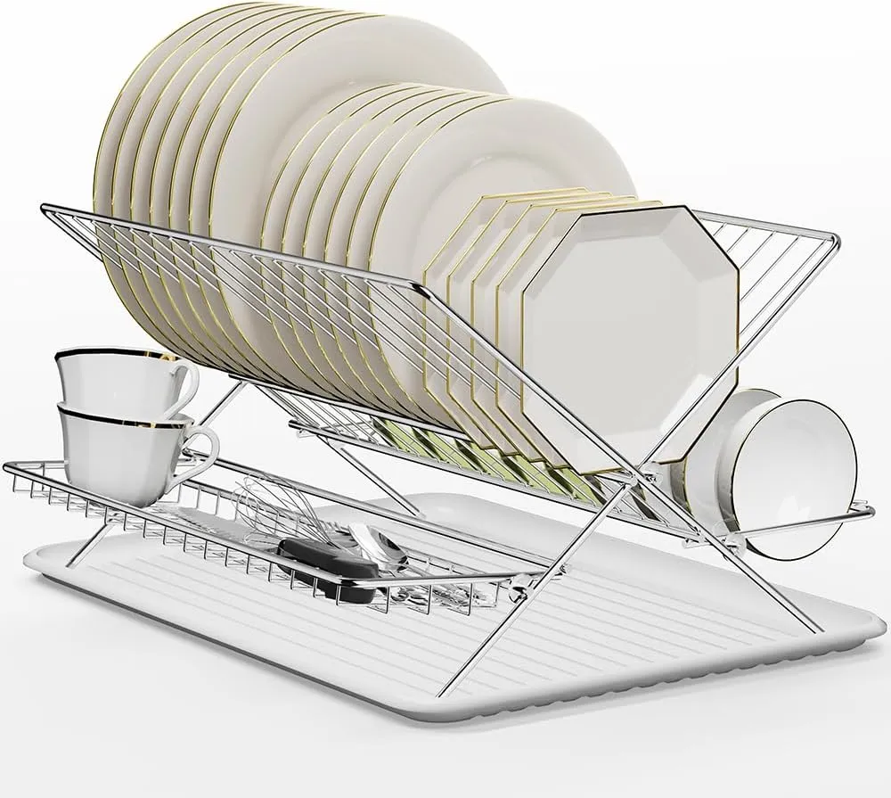 Dish Drying Rack with Drip Tray, 3 Tier Collapsible Stainless Steel Dish Drainer, Plate Rack Holder for Kitchen Counter, Folding Dish Rack for Kitchen Sink, Countertop,Cutlery, Plates, Dishes