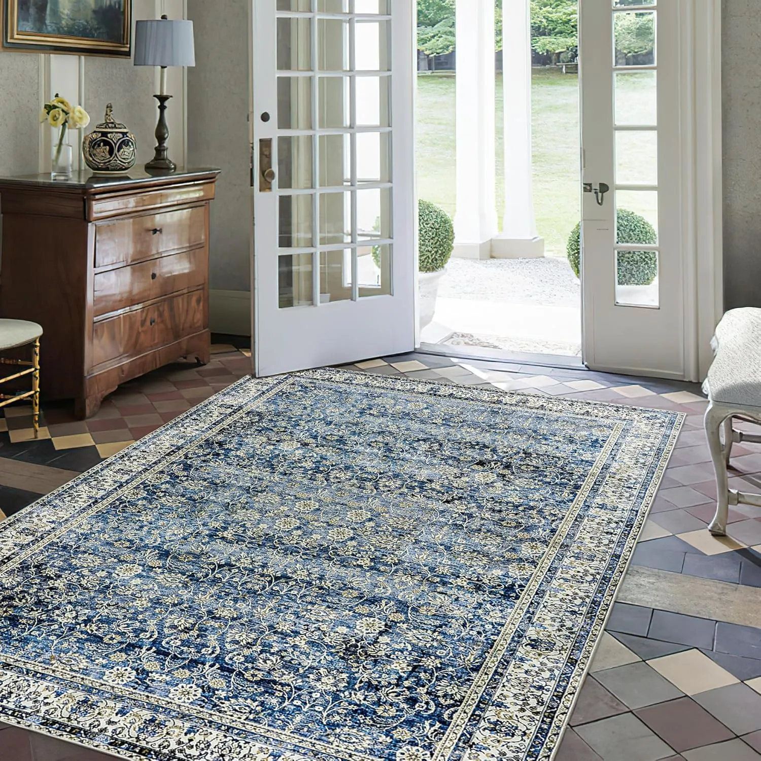 Distressed Carpet Multi Rug Blue Vintage Design Flower Area Rug 5x7 Cover Print Distressed Carpet Multi Rug Living Room Bedroom Dining Room