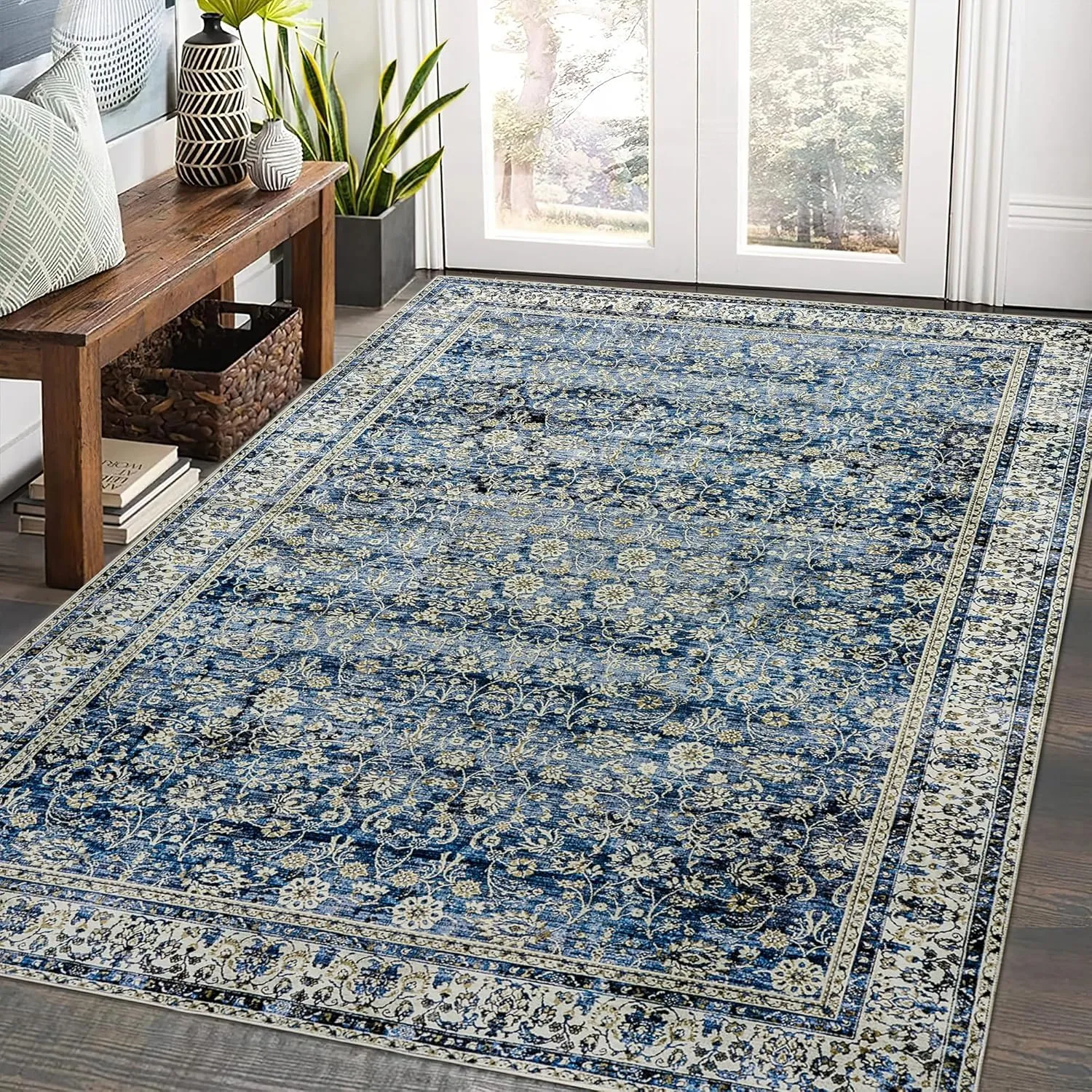Distressed Carpet Multi Rug Blue Vintage Design Flower Area Rug 5x7 Cover Print Distressed Carpet Multi Rug Living Room Bedroom Dining Room